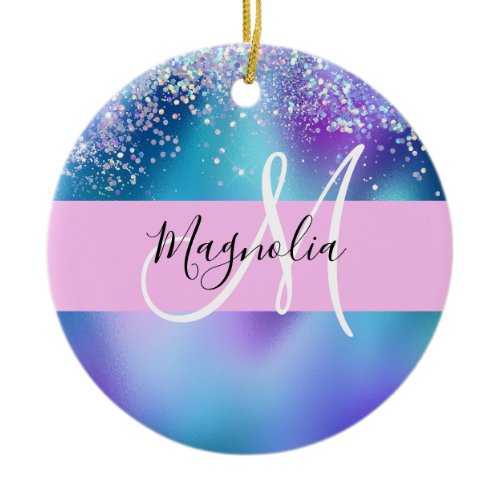 Glam Holographic Mermaid Glitter Sparkle Monogram Ceramic Ornament