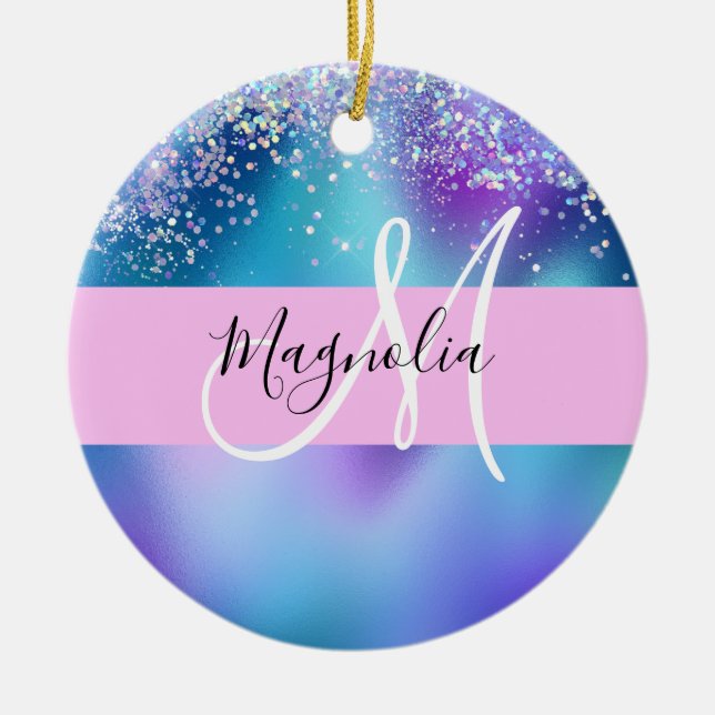 Glam Holographic Mermaid Glitter Sparkle Monogram Ceramic Ornament (Front)