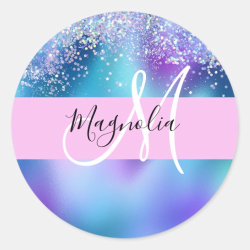 Glam Holographic Mermaid Glitter Sparkle Monogram Classic Round Sticker