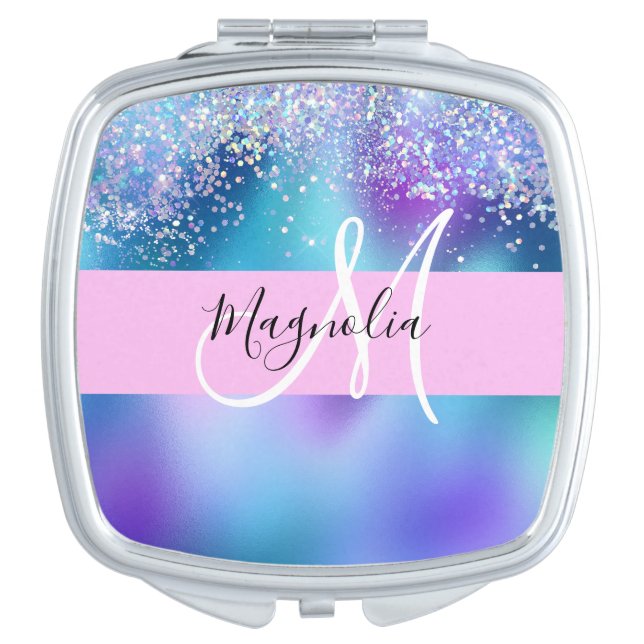 Glam Holographic Mermaid Glitter Sparkle Monogram Compact Mirror (Front)