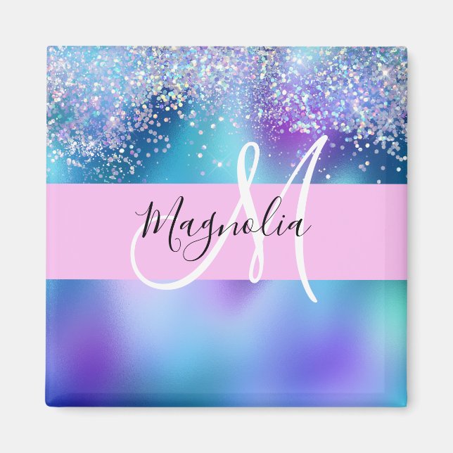 Glam Holographic Mermaid Glitter Sparkle Monogram Magnet (Front)