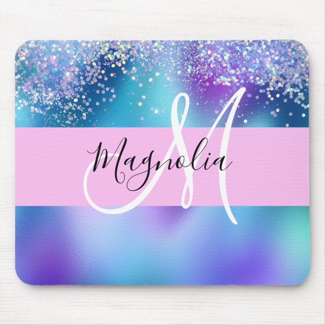 Glam Holographic Mermaid Glitter Sparkle Monogram Mouse Pad (Front)