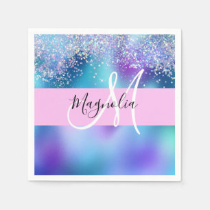 Glam Holographic Mermaid Glitter Sparkle Monogram Napkins