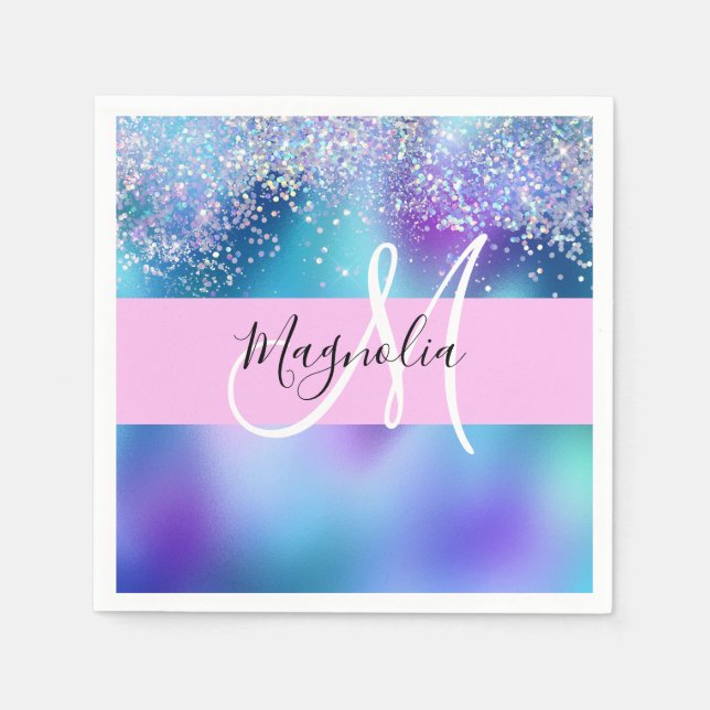 Glam Holographic Mermaid Glitter Sparkle Monogram Napkins (Front)