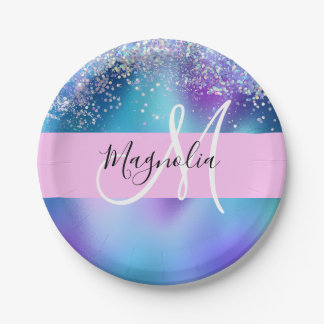 Glam Holographic Mermaid Glitter Sparkle Monogram Paper Plates
