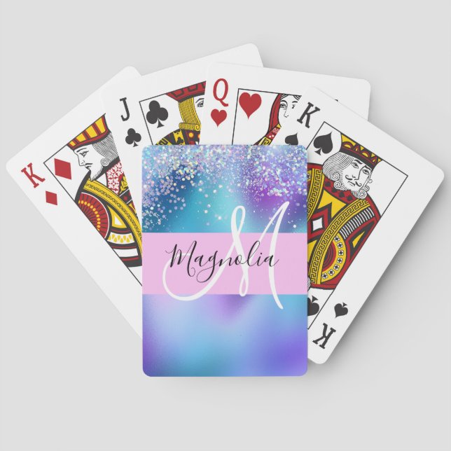 Glam Holographic Mermaid Glitter Sparkle Monogram Poker Cards (Back)
