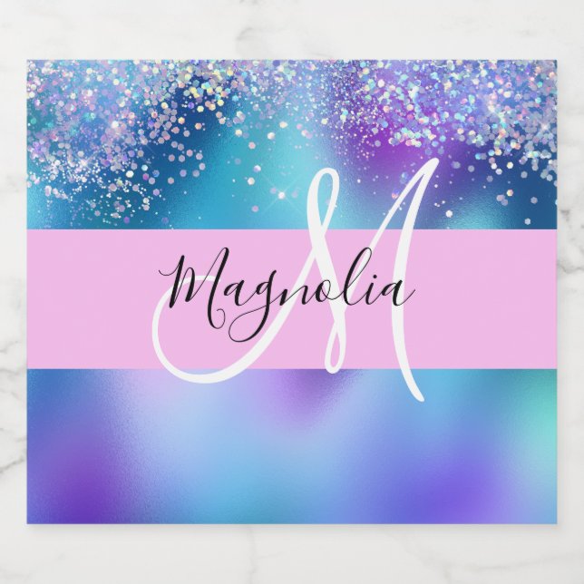 Glam Holographic Mermaid Glitter Sparkle Monogram Sparkling Wine Label (Single Label)