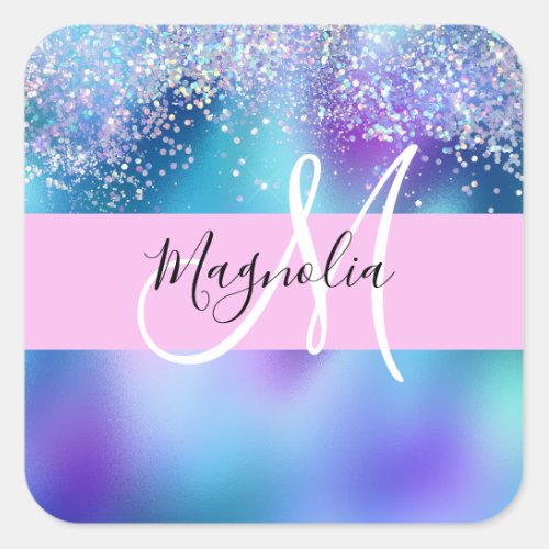 Glam Holographic Mermaid Glitter Sparkle Monogram Square Sticker