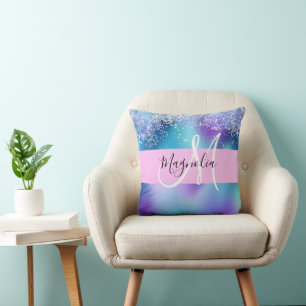 Glam Holographic Mermaid Glitter Sparkle Monogram Throw Pillow