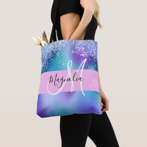 Glam Holographic Mermaid Glitter Sparkle Monogram Tote Bag