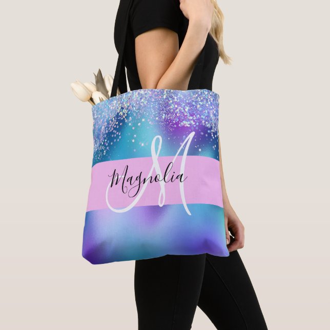 Glam Holographic Mermaid Glitter Sparkle Monogram Tote Bag (Close Up)