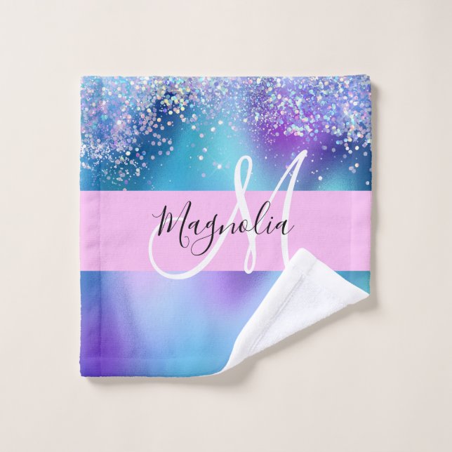 Glam Holographic Mermaid Glitter Sparkle Monogram Wash Cloth (Wash Cloth)