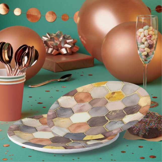 Glam Honey Comb Blush Champagne Abstract Paper Plates (Multi)