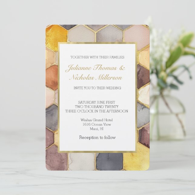 Glam Honey Comb Blush Champagne Abstract Wedding Invitation (Standing Front)