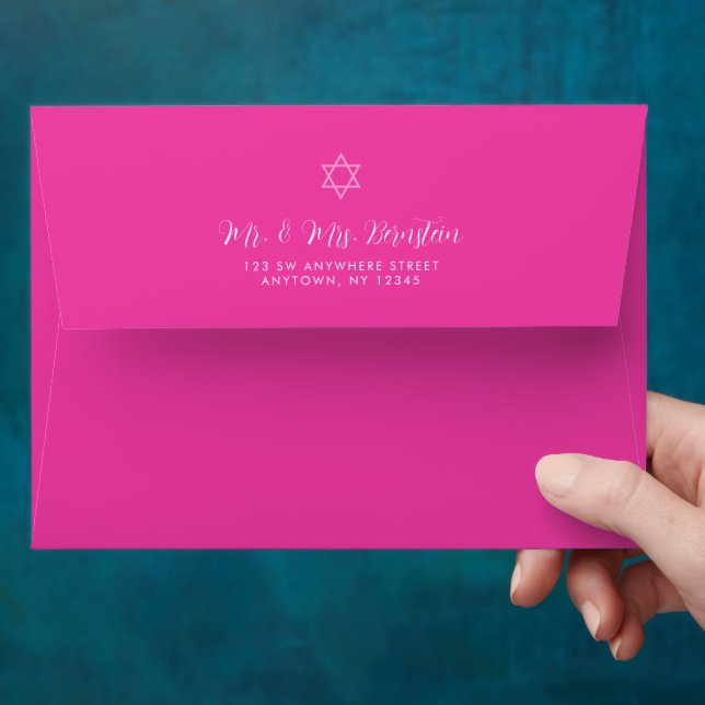 Glam Hot Pink Bat Mitzvah Return Address A7 Envelope (Hand)