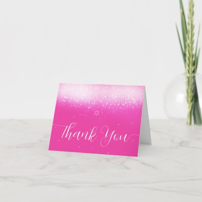 Glam Hot Pink Bat Mitzvah Thank You Card (Front)
