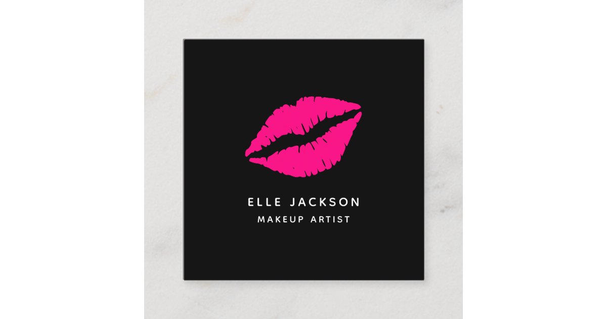 Glam Hot Pink Black Lips Makeup Artist Square Business Card