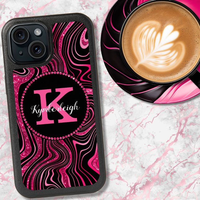 Glam Hot Pink Black Marble Agate Glitter Monogram iPhone 15 Case (Creator Uploaded)