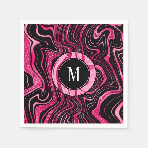 Glam Hot Pink Black Marble Agate Glitter Monogram Napkins