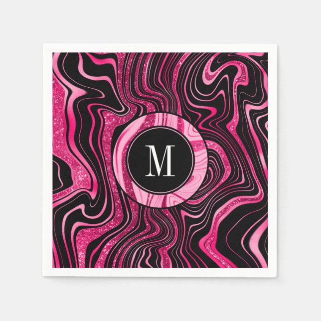 Glam Hot Pink Black Marble Agate Glitter Monogram Napkins (Front)