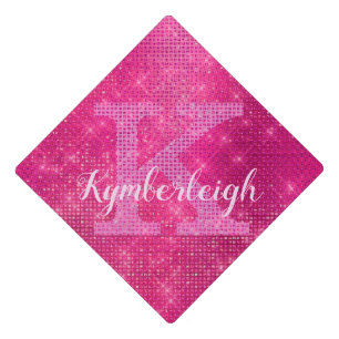 Glam Hot Pink Diamond Sparkle Chic Monogram Name Graduation Cap Topper