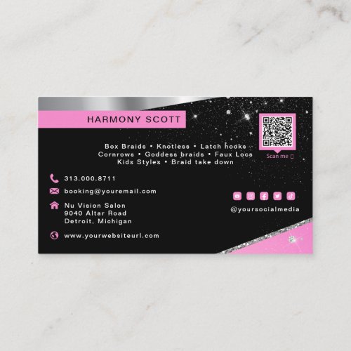 Glam Hot Pink Glitter Diamond Hair Braider Salon Business Card