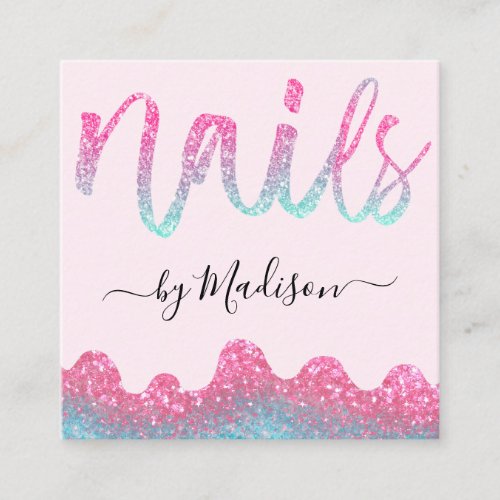 Glam Hot Pink Glitter Drips Nails Manicure Salon Square Business Card