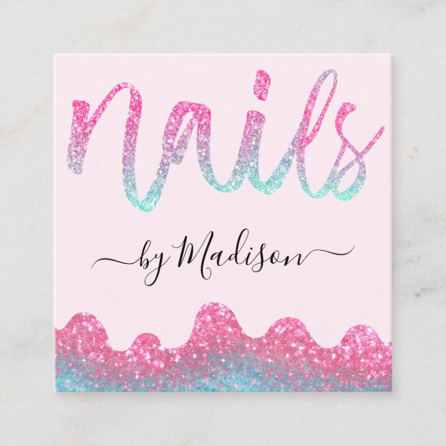 Glam Hot Pink Glitter Drips Nails Manicure Salon Square Business Card (Front)