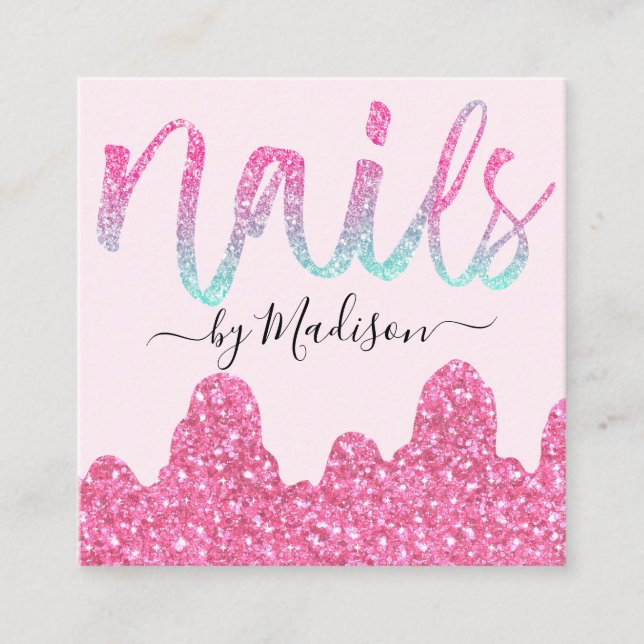 Glam Hot Pink Glitter Drips Nails Manicure Salon Square Business Card (Front)