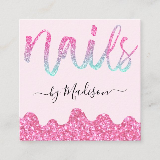 Glam Hot Pink Glitter Drips Nails Manicure Salon Square Business Card (Front)