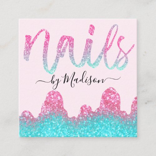 Glam Hot Pink Glitter Drips Nails Manicure Salon Square Business Card