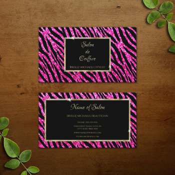 Glam Hot Pink Glitter Zebra Print And Gold Frame Business Card by GirlyBusinessCards at Zazzle