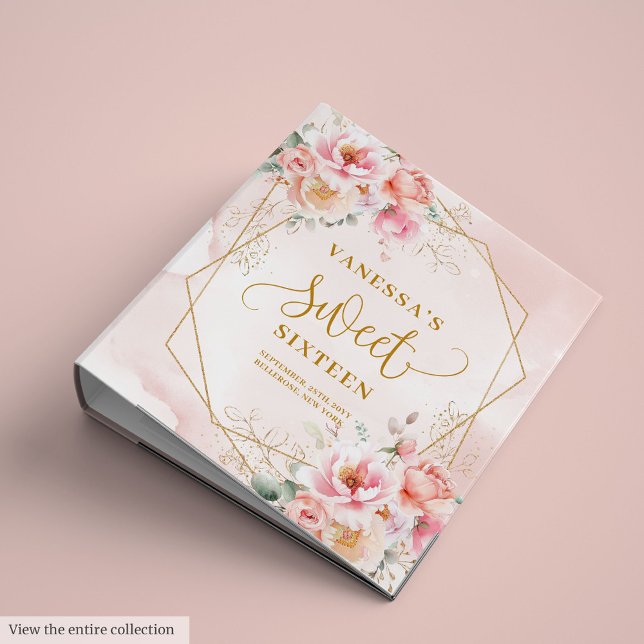 Glam Hot Pink Gold Floral Frame Sweet Sixteen 3 Ring Binder (Glam Hot Pink Gold Floral Frame Sweet Sixteen 3 ring binder )