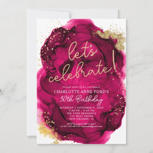 Glam Hot Pink Gold Glitter Alcohol Ink Birthday Invitation