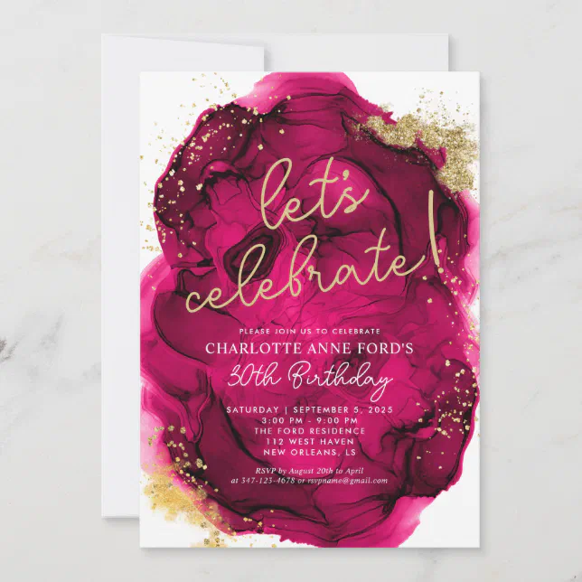 Glam Hot Pink Gold Glitter Alcohol Ink Birthday Invitation