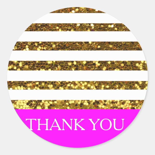 Glam/Hot Pink Gold Sequins Stripes/Personalized Classic Round Sticker (Front)