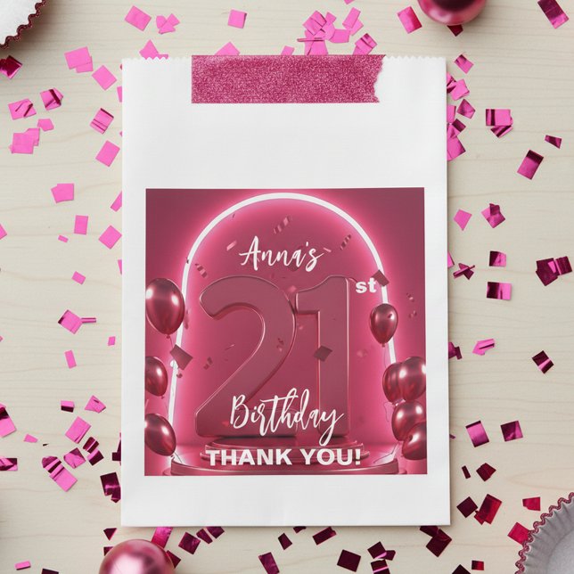 Glam Hot Pink Rose Gold Balloons 21st Birthday Favor Bag (Creator Uploaded)