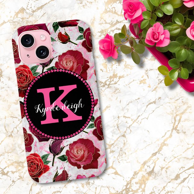 Glam Hot Pink Roses Marble Diamond Monogram Name Case-Mate iPhone Case (Creator Uploaded)