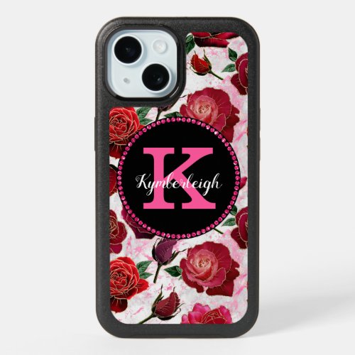 Glam Hot Pink Roses Marble Diamond Monogram Name iPhone 15 Case