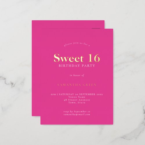 Glam Hot Pink Sweet 16 Birthday Party Foil Invitation Postcard