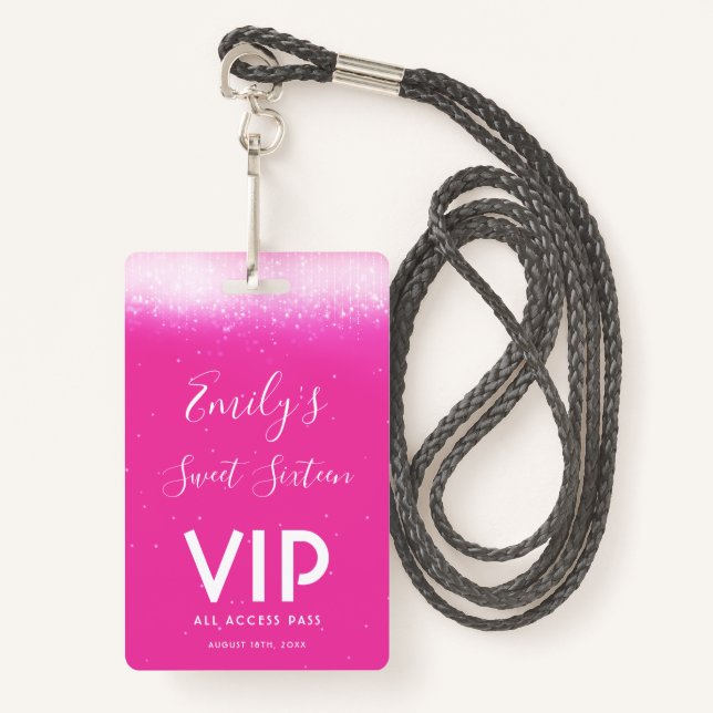 Glam Hot Pink Sweet 16 Invitation VIP Pass Badge (Front with Lanyard)