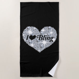 Glam I love Bling silver diamond glitter heart Beach Towel