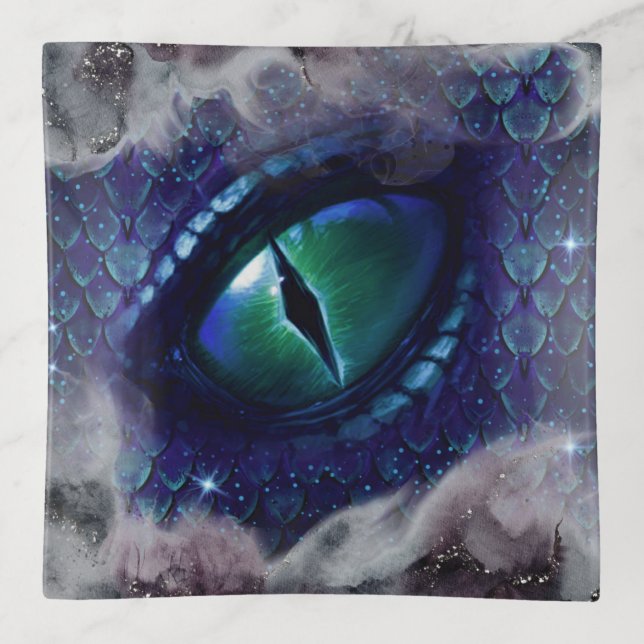 Glam Ink Gothic Blue Medieval Dragon Trinket Tray (Front)