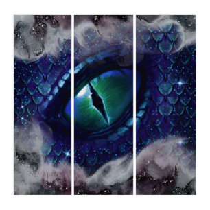 Glam Ink Gothic Blue Medieval Dragon Triptych