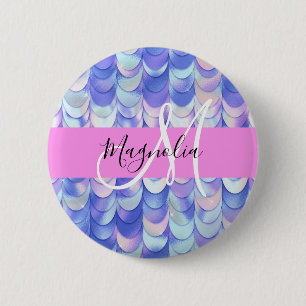 Glam Iridescent Blue Mermaid Scales Name Monogram Button