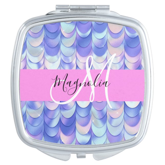 Glam Iridescent Blue Mermaid Scales Name Monogram Compact Mirror (Front)