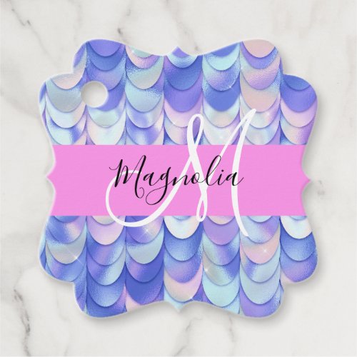 Glam Iridescent Blue Mermaid Scales Name Monogram Favor Tags