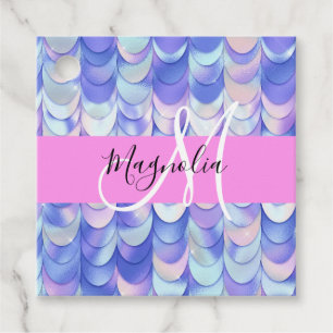 Glam Iridescent Blue Mermaid Scales Name Monogram Favor Tags