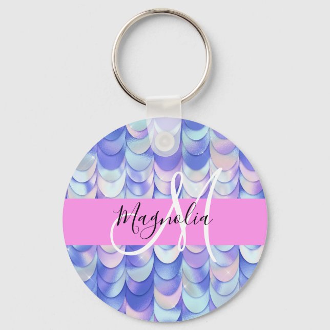Glam Iridescent Blue Mermaid Scales Name Monogram Keychain (Front)