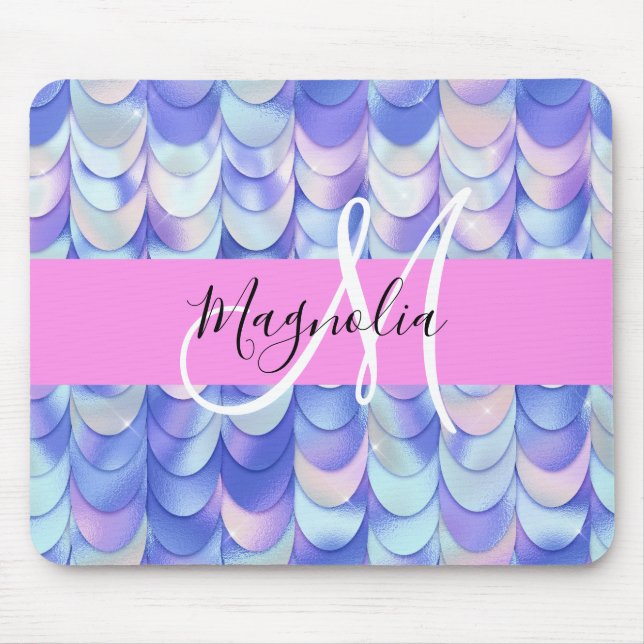 Glam Iridescent Blue Mermaid Scales Name Monogram Mouse Pad (Front)